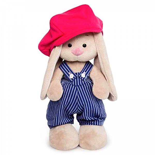 Зайка Ми в синем комбинезоне в полоску и с малиновой кепкой 25 см фото