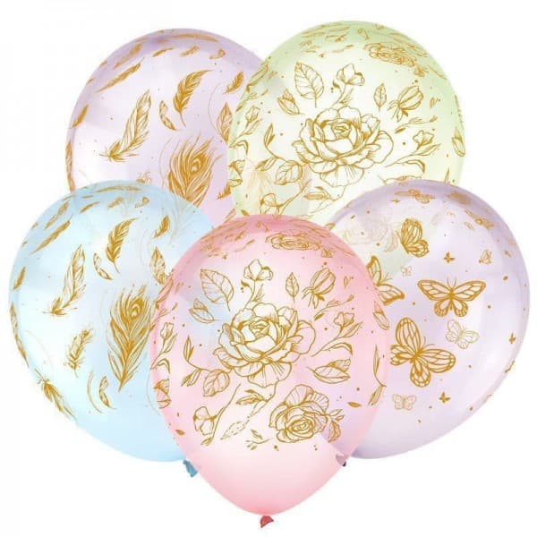 Латексный шар кристальный с рисунком "Цветы и бабочки, Золото" 12"/30 см + гелий* фото