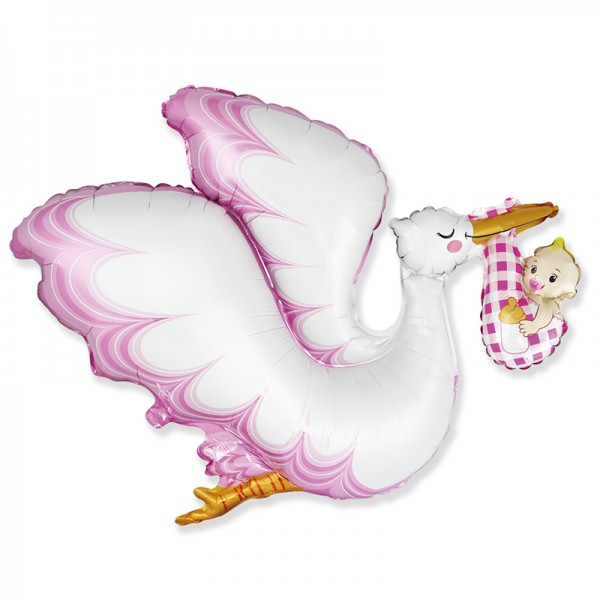 Аист с ребенком Розовый, фольгированный шар 38"/96 см фото