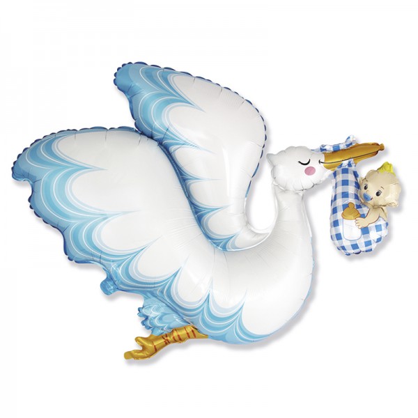 Аист с ребенком Голубой, фольгированный шар 38"/96 см фото