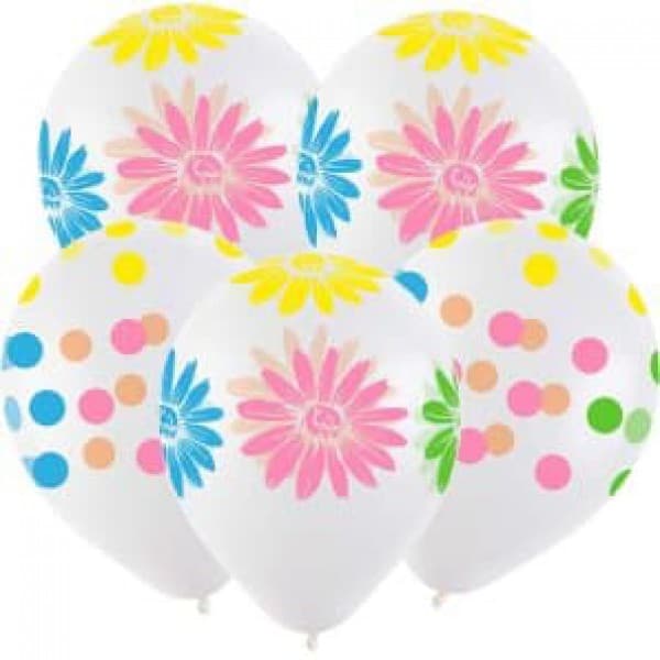 Латексный шар прозрачный с рисунком "Ромашки и горох" 12"/30 см + гелий + Hi-Float* фото