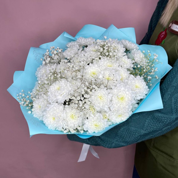 Букет из хризантемы и гипсофилы фото 1